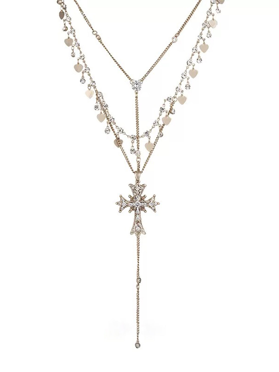 Brick Lane Multi-Layer Long Cross Pendant Necklace - Silver
