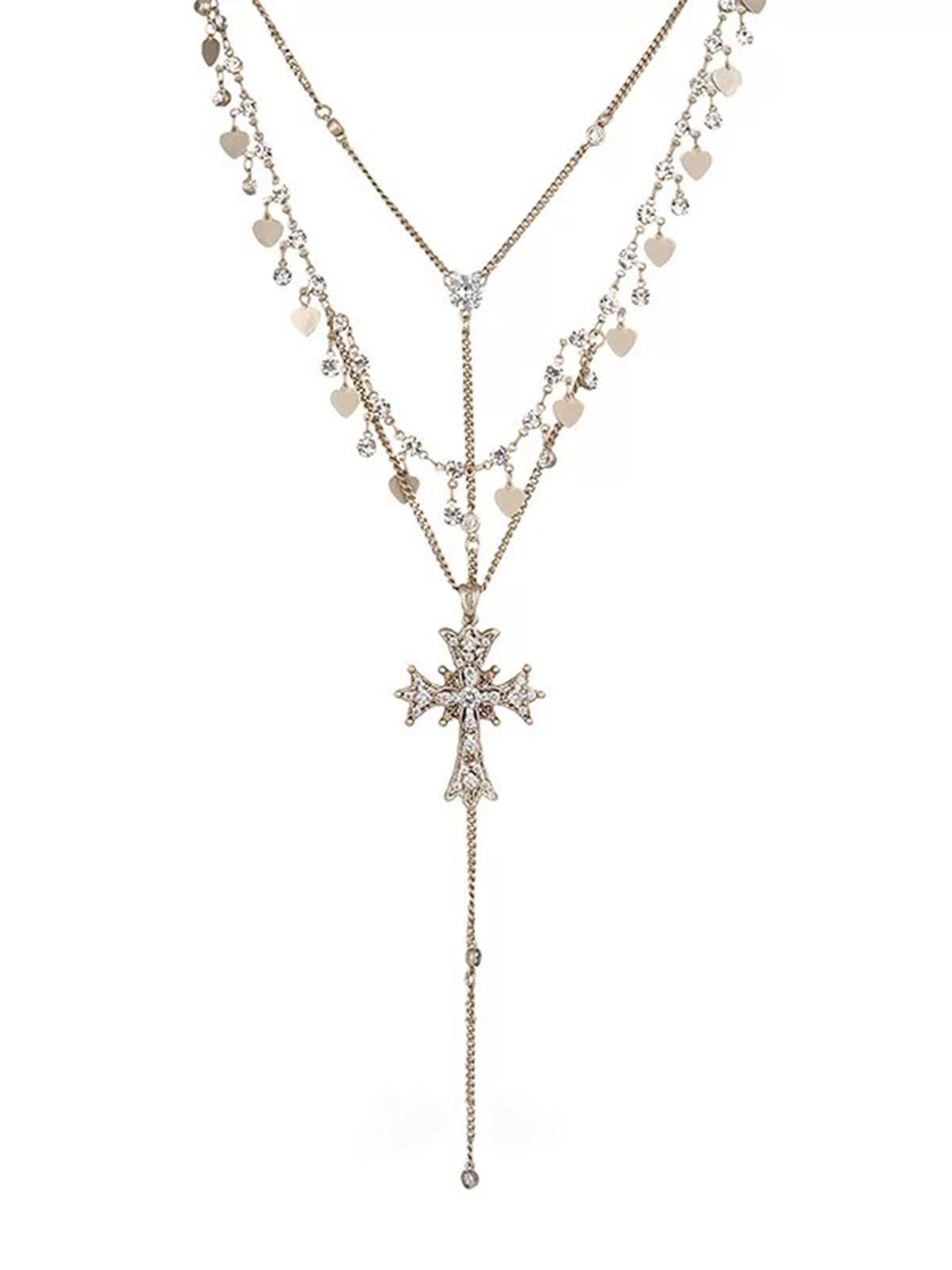 Brick Lane Multi-Layer Long Cross Pendant Necklace - Silver