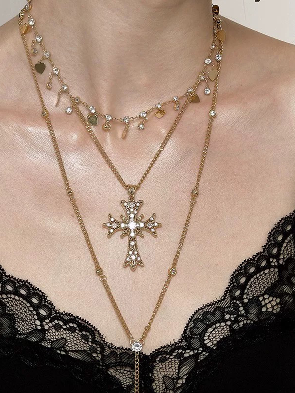 Brick Lane Multi-Layer Long Cross Pendant Necklace - Silver