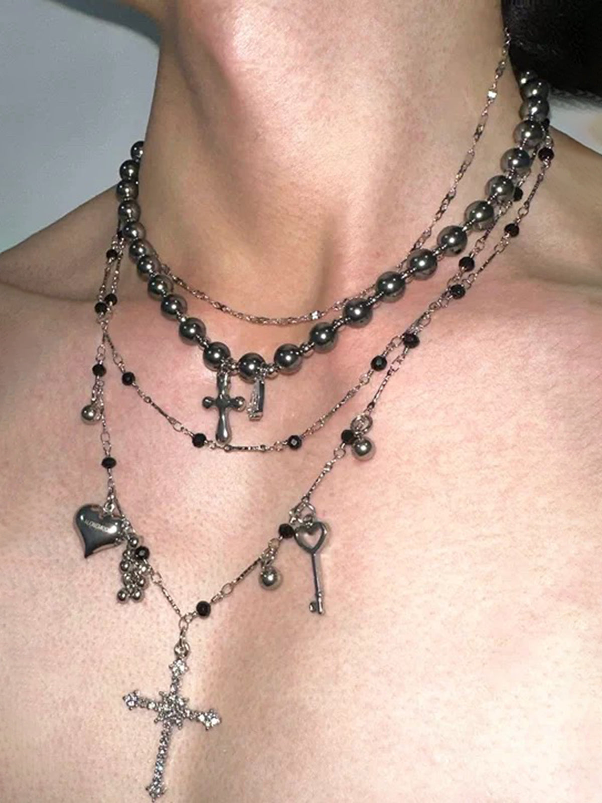 Brick Lane Layered Vintage Cross Pendant Choker Necklace - Silver