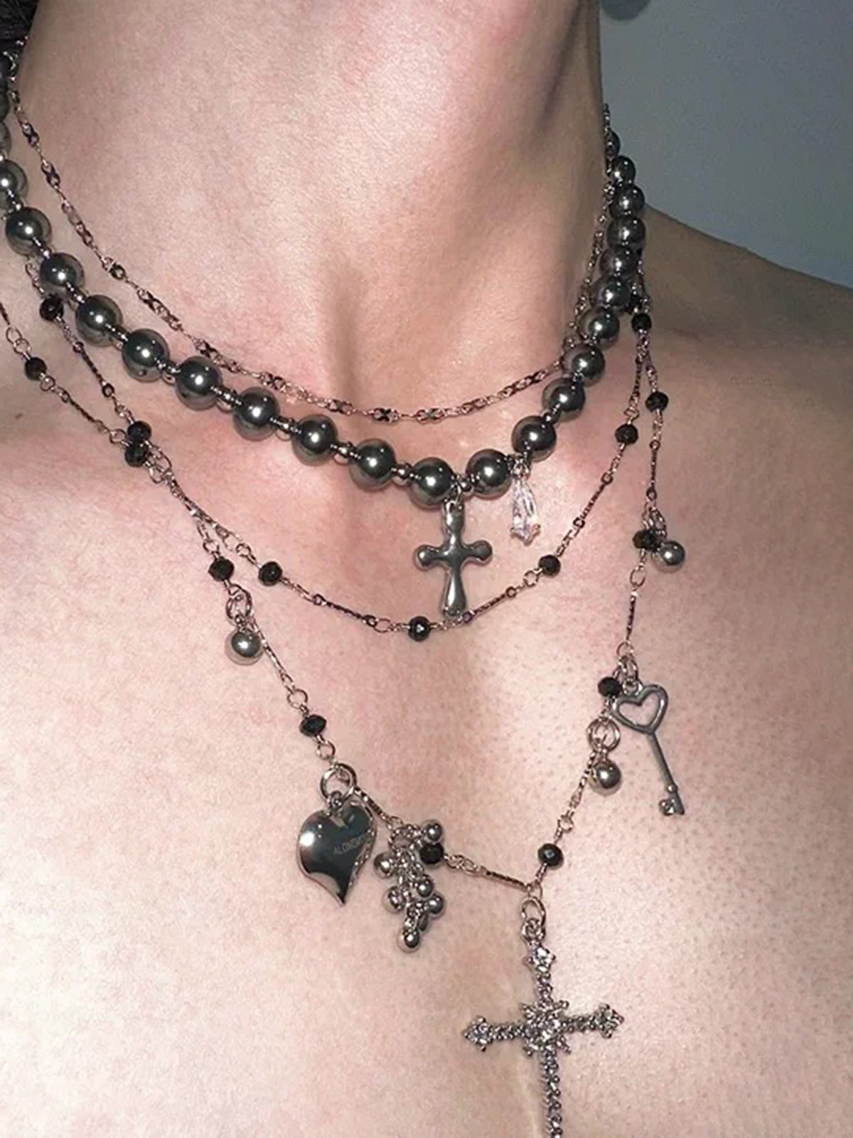 Brick Lane Layered Vintage Cross Pendant Choker Necklace - Silver