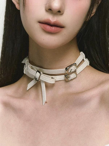 Brick Lane Wide PU Leather Bow Choker - Off-White