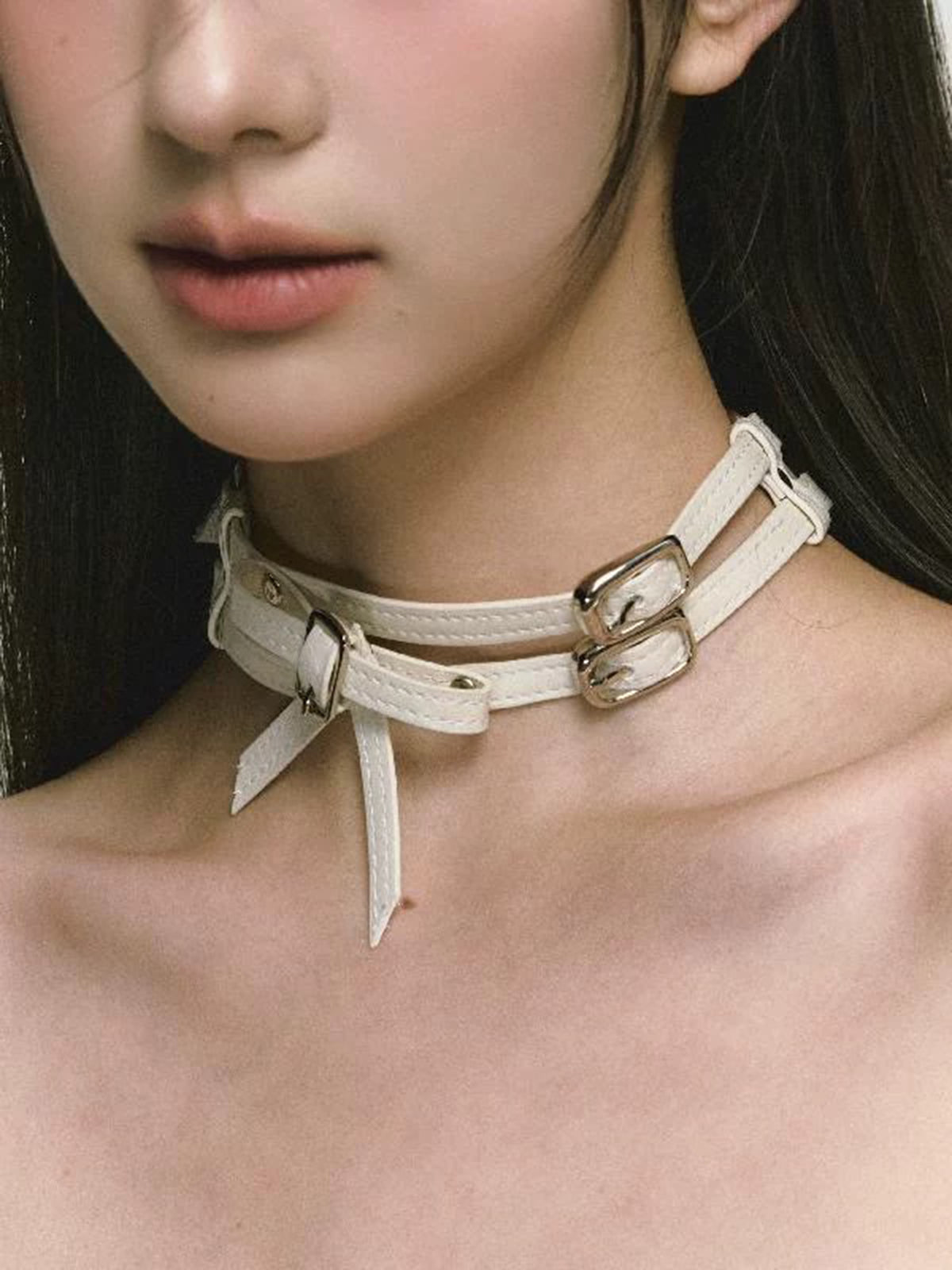 Brick Lane Wide PU Leather Bow Choker - Off-White