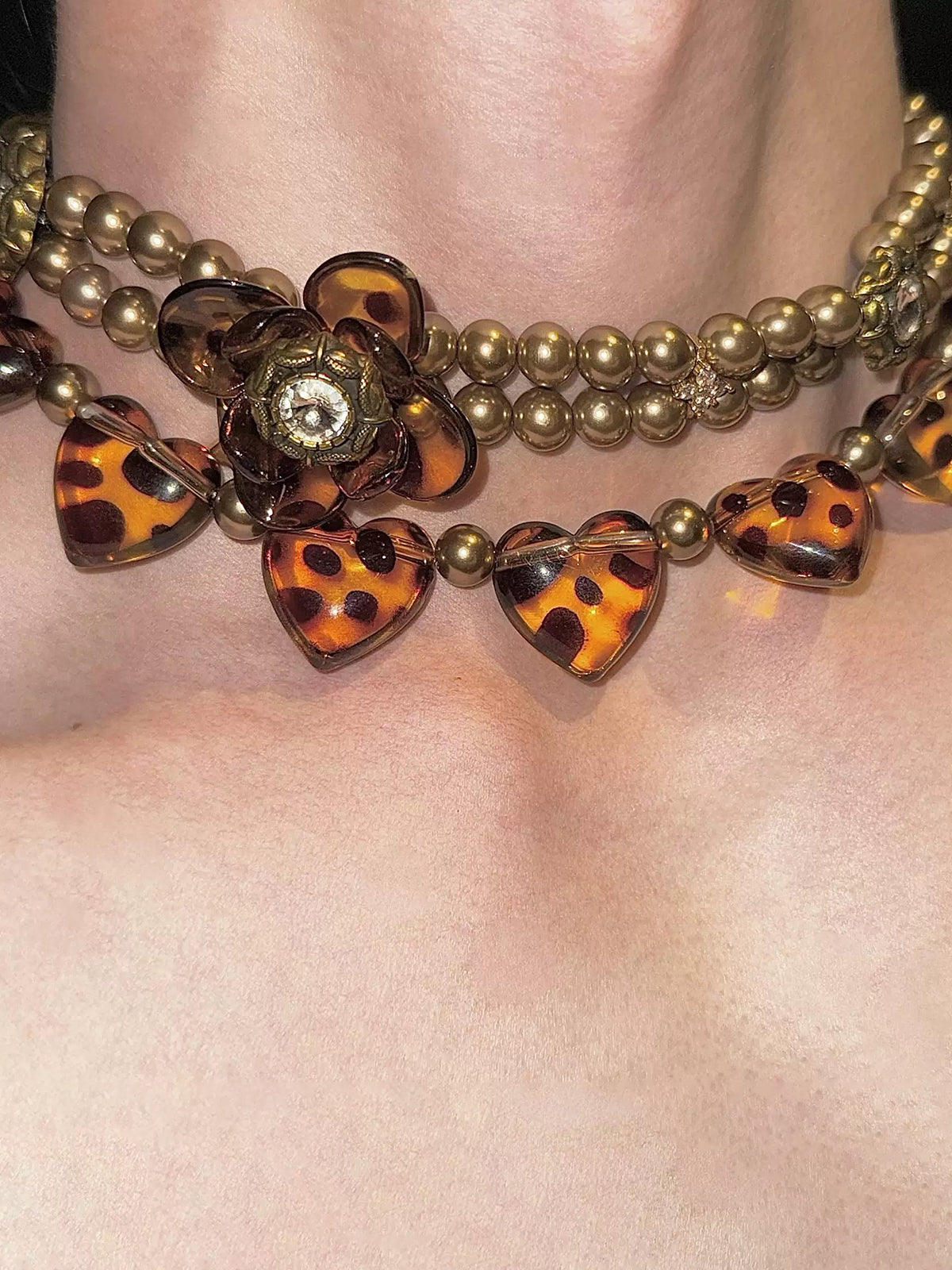 Brick Lane Vintage Leopard Heart Beaded Choker Necklace - Bronze
