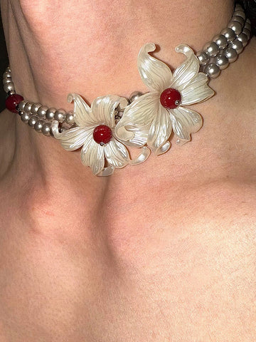 Brick Lane Y2K Floral Accent Chunky Beaded Necklace - Silver Red