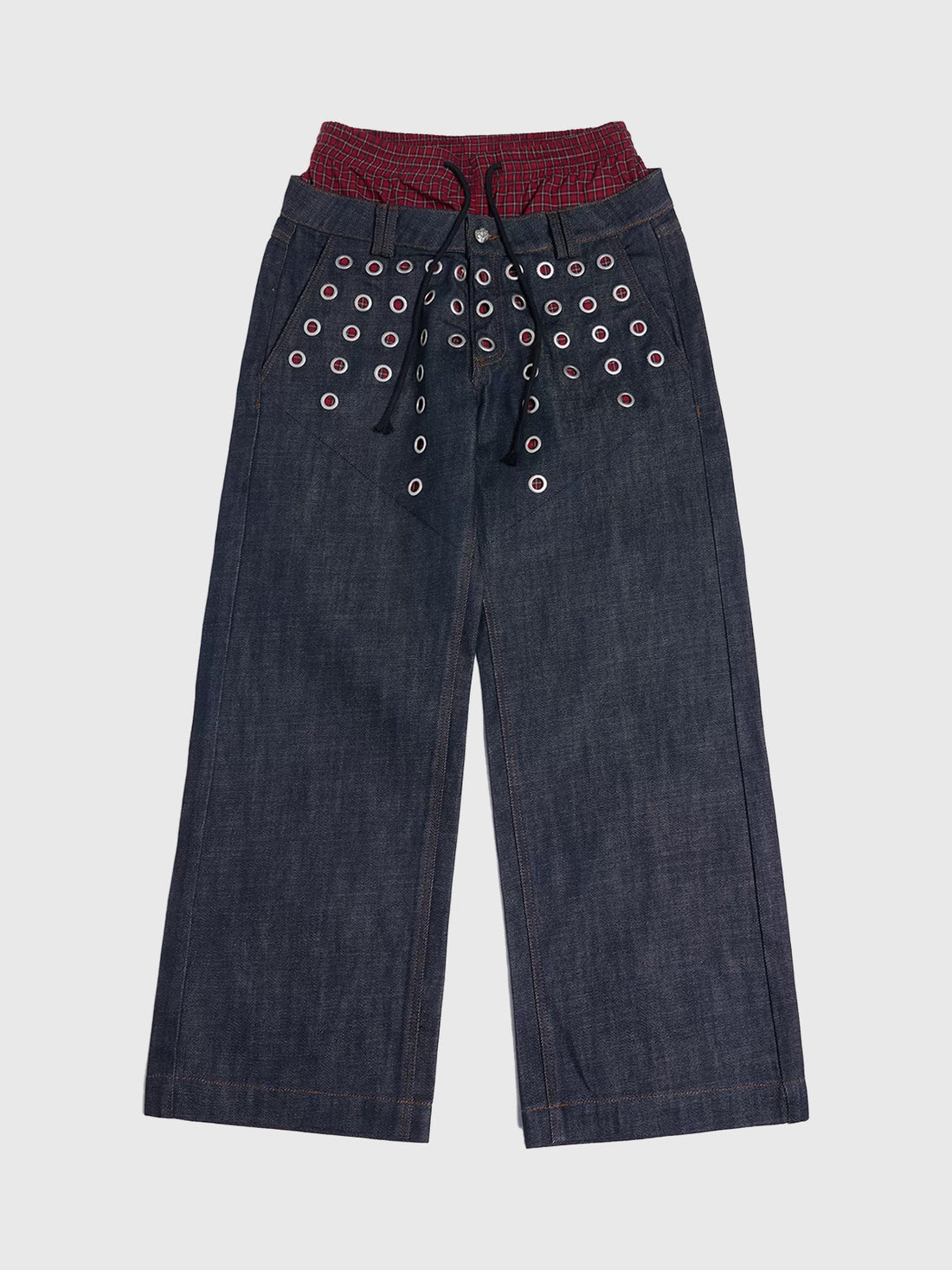 Brick Lane Layered-Look Plaid Cut Out Baggy Pants - Dark Blue