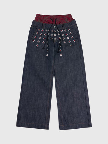 Brick Lane Layered-Look Plaid Cut Out Baggy Pants - Dark Blue