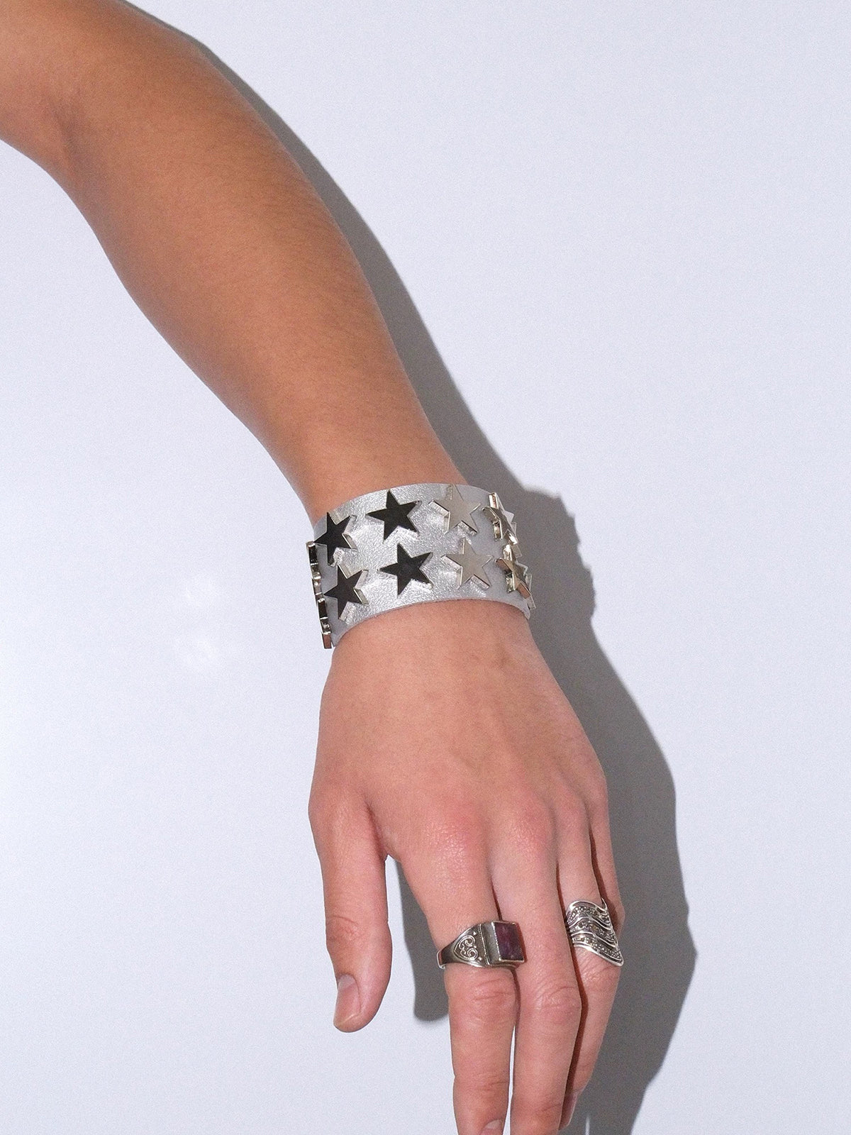 Brick Lane Wide Cuff Star Studded Punk Bracelet - Silver