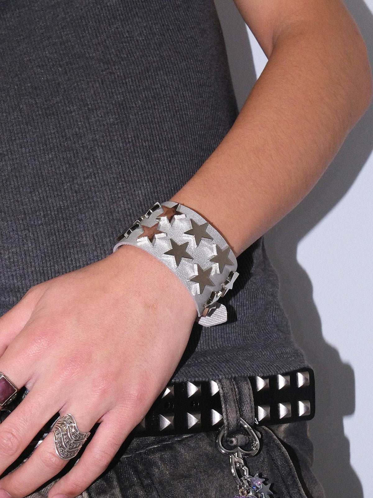 Brick Lane Wide Cuff Star Studded Punk Bracelet - Silver