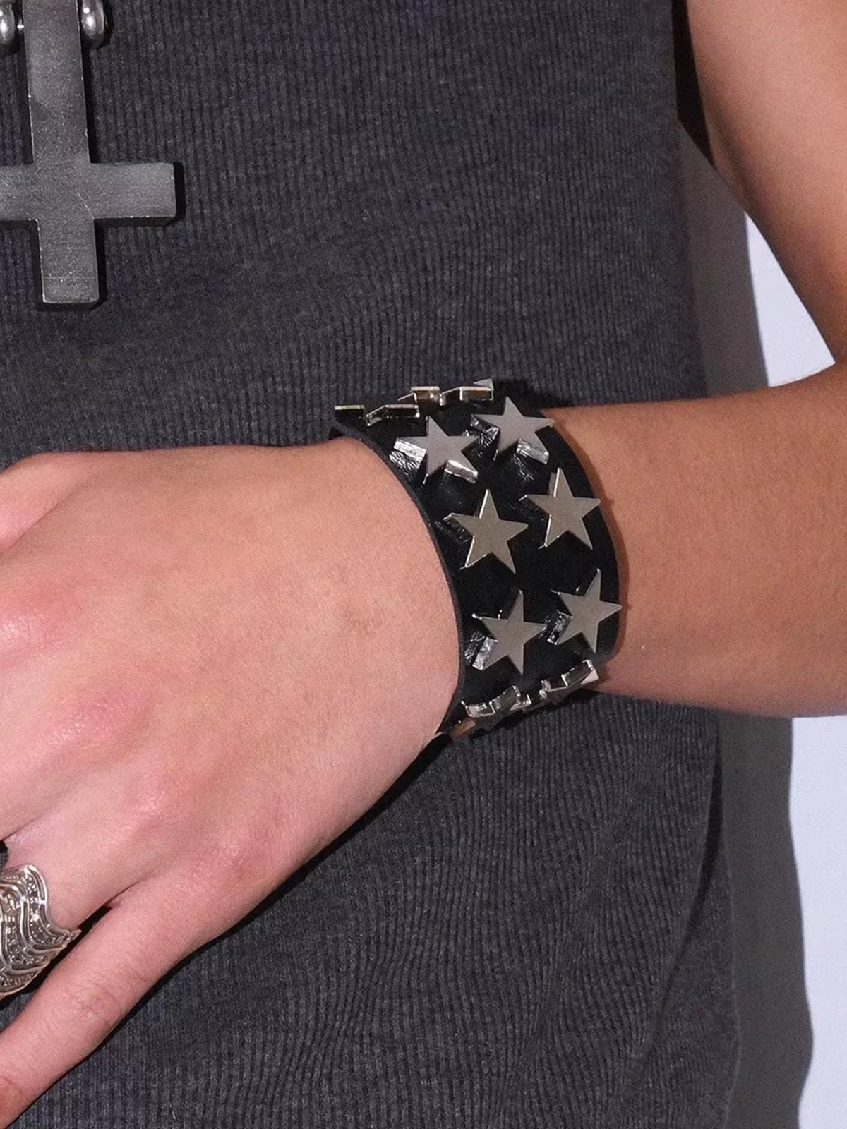 Brick Lane Wide Star Studded Punk Rock Wristband - Black