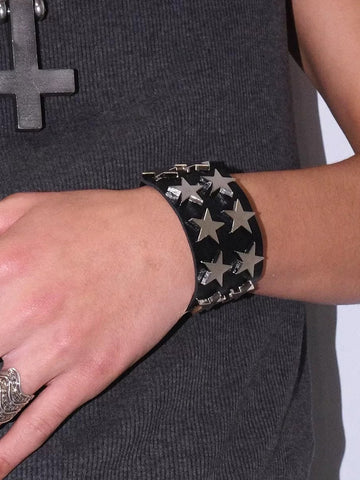 Brick Lane Wide Star Studded Punk Rock Wristband - Black