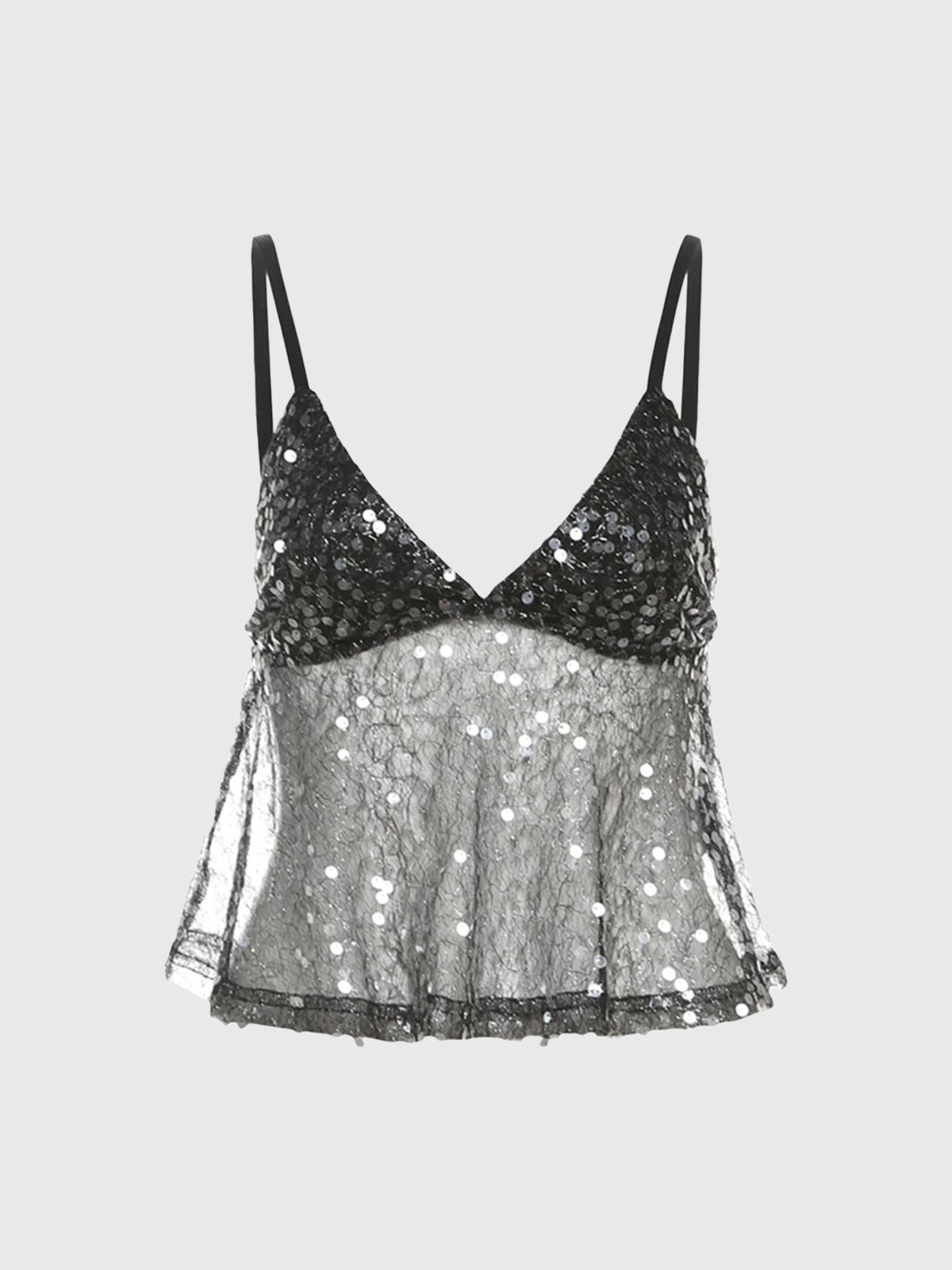 Brick Lane Layered-Look Mesh Sequin Cropped Cami Top - Grey