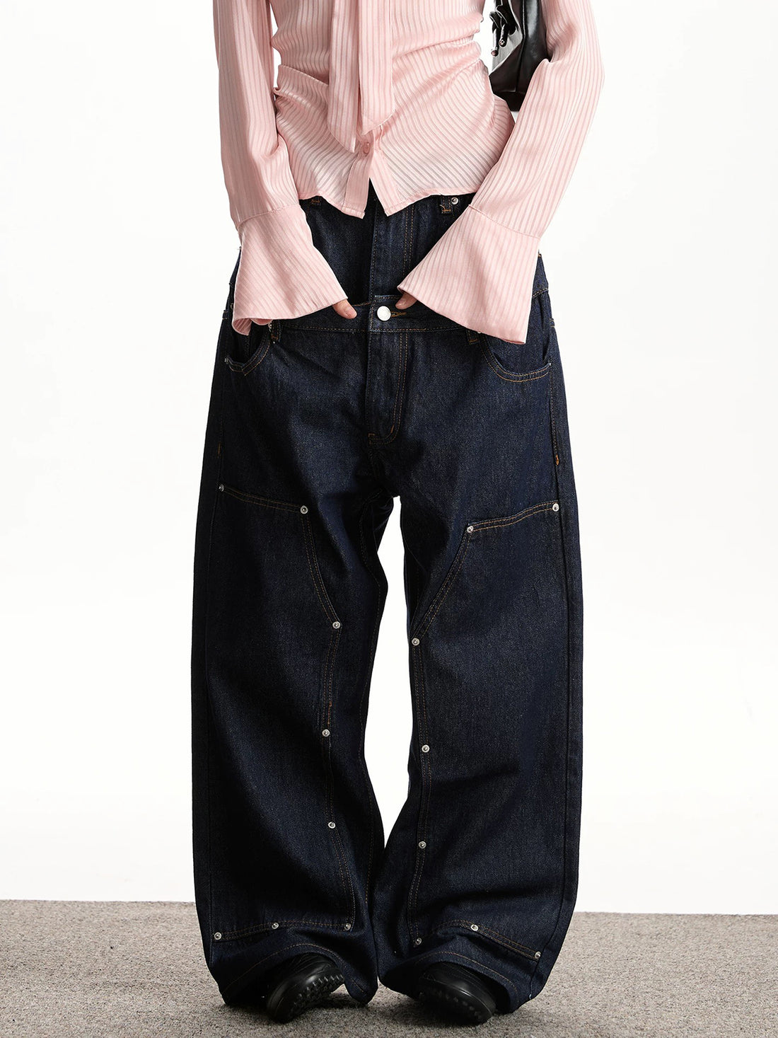 Brick Lane Layered-Look Wide-Leg Loose Jeans - Dark Blue