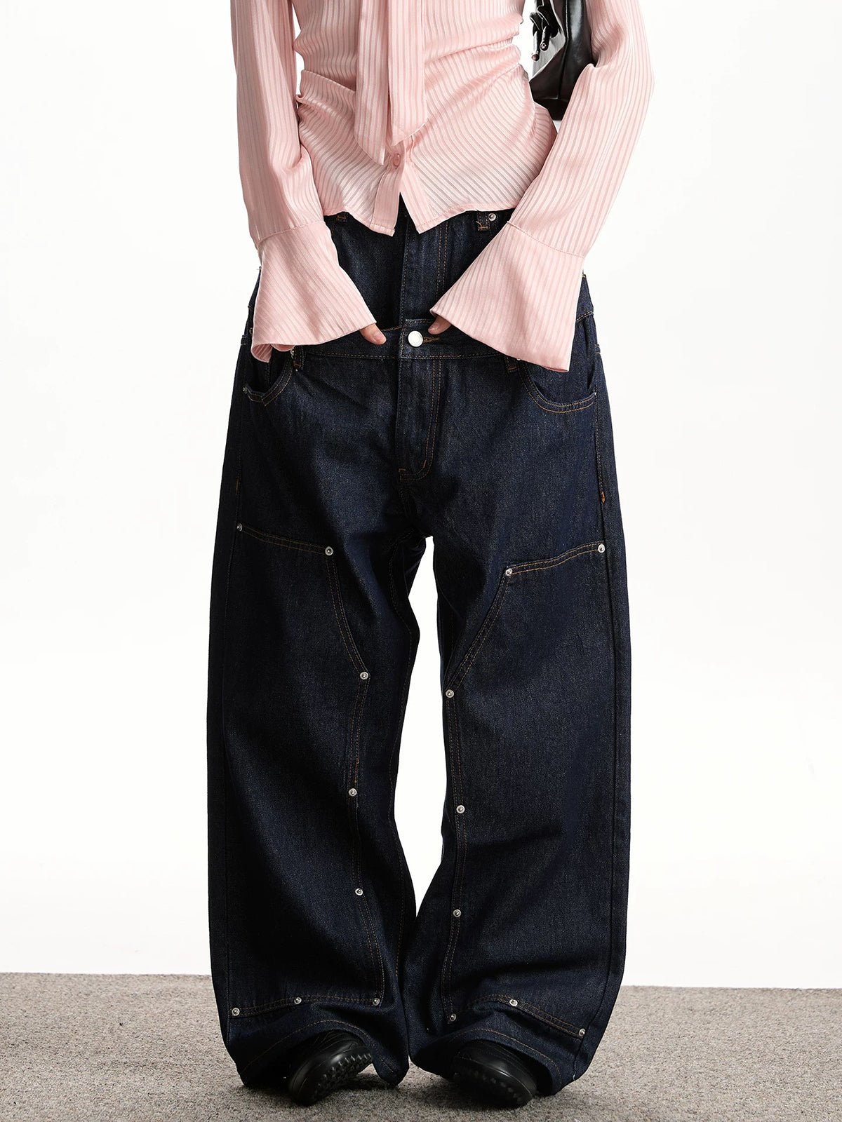 Brick Lane Layered-Look Wide-Leg Loose Jeans - Dark Blue