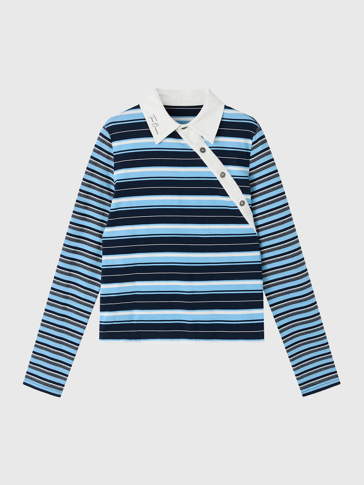 Dolled Office Asymmetric Polo Neck Stripe Long Sleeve Top - Blue and White