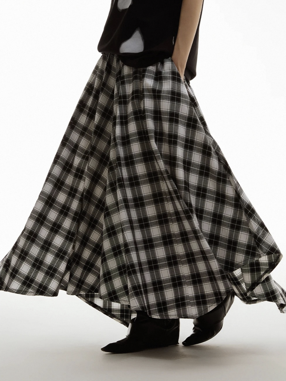 Dolled Office Asymmetric Check Plaid Maxi Skirt - Black and White