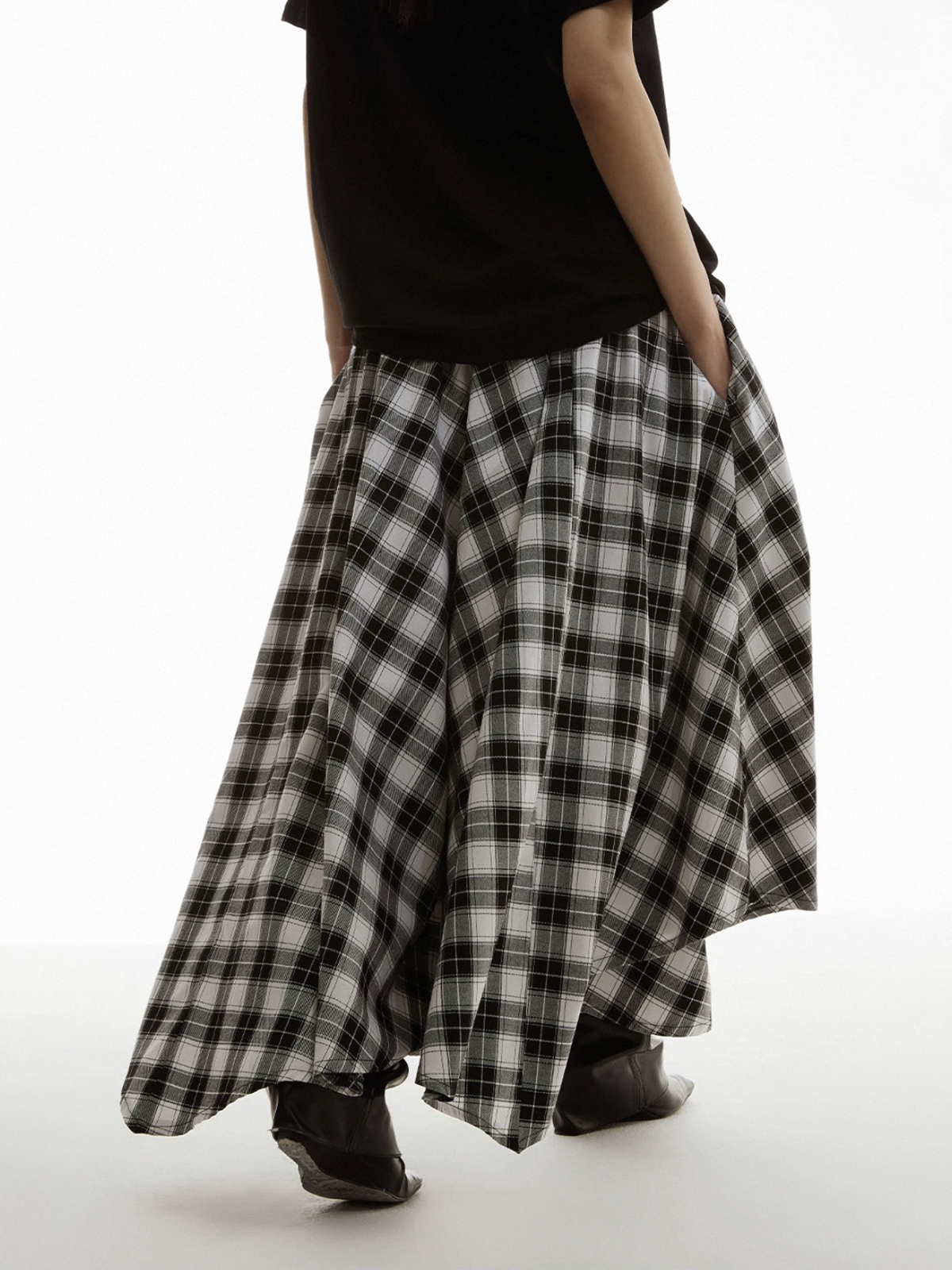 Dolled Office Asymmetric Check Plaid Maxi Skirt - Black and White