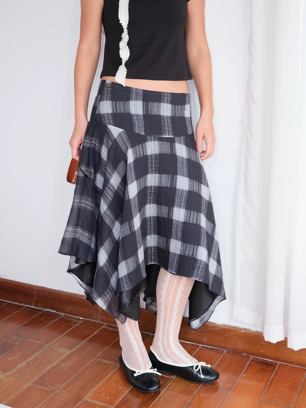 Dolled Office Asymmetric Check Plaid Midi Skirt - Navy Blue