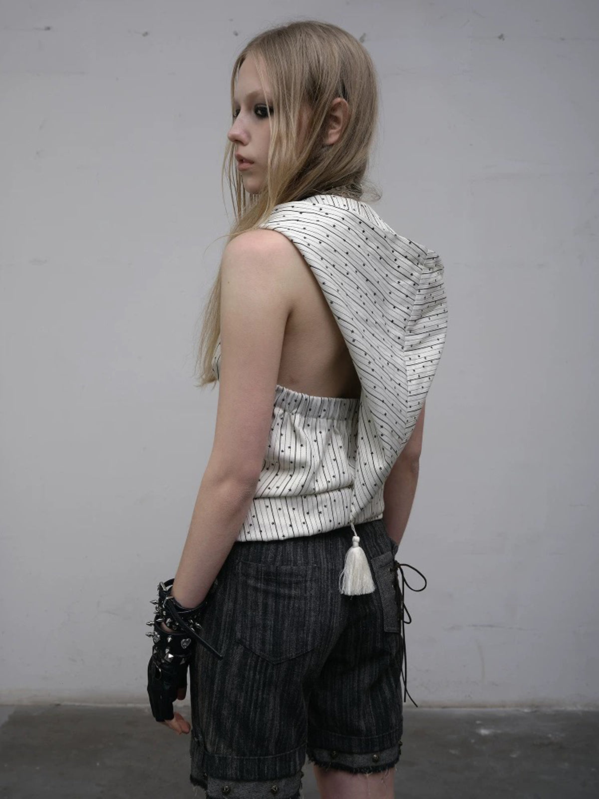 Brick Lane Waist-Defining Stripe Dot Hooded Sleeveless Top - Beige