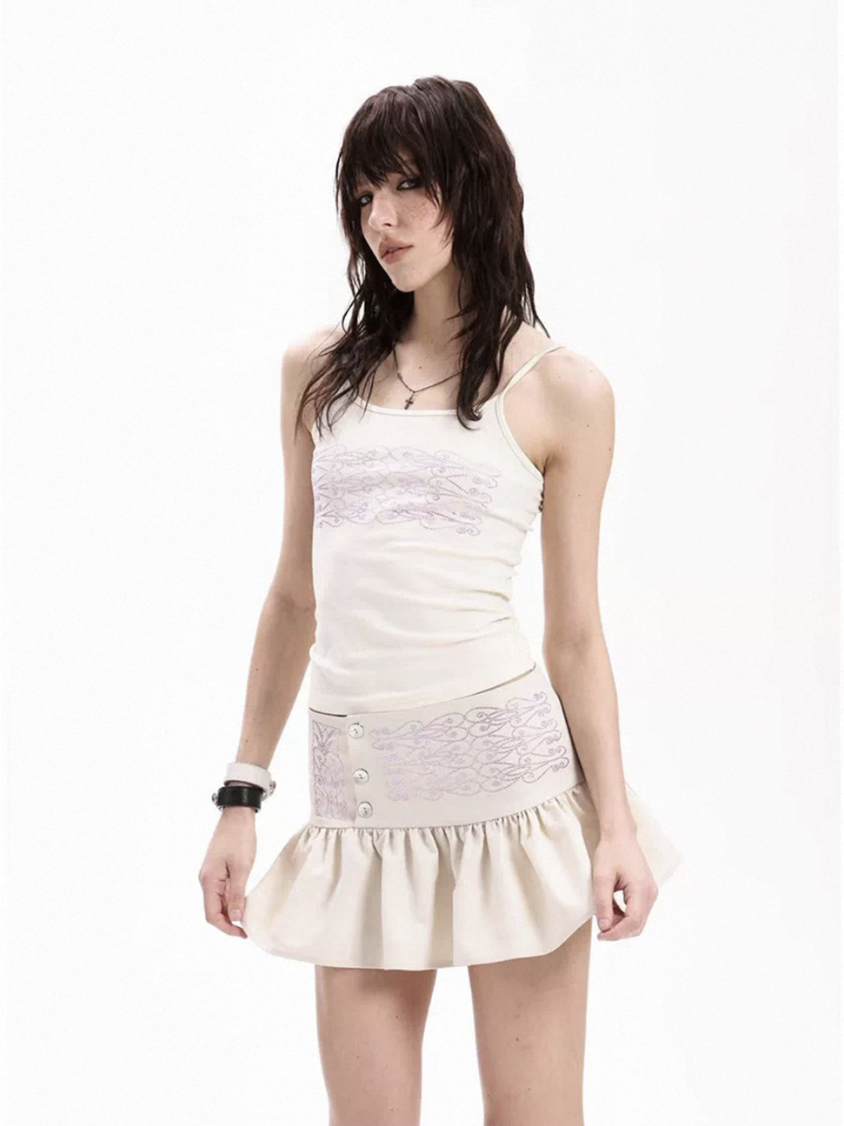 Brick Lane Skimming Rhinestone Graphic Cropped Tank Top - White