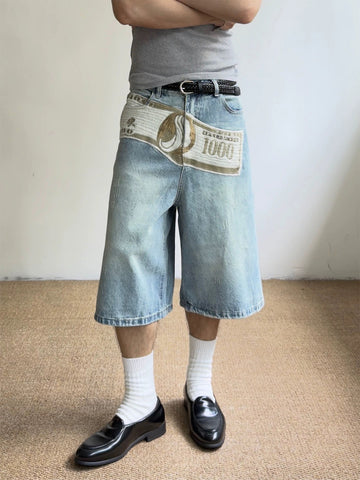 Brick Lane Wide-Leg Fold-Over Waist Denim Jorts - Light Blue