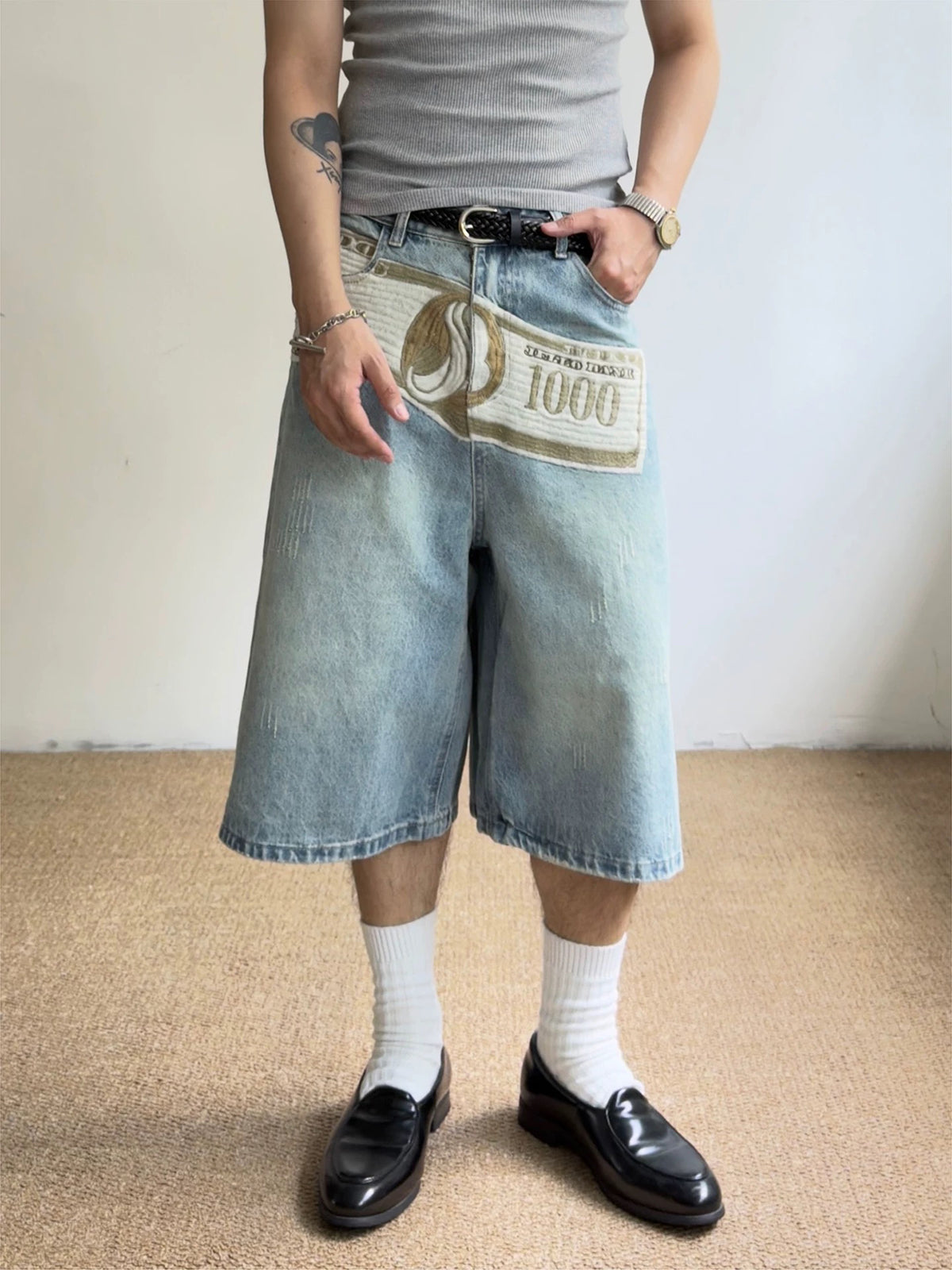 Brick Lane Wide-Leg Fold-Over Waist Denim Jorts - Light Blue