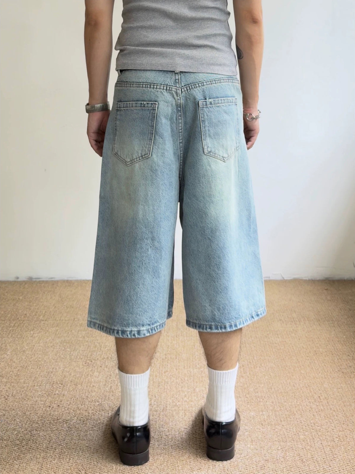 Brick Lane Wide-Leg Fold-Over Waist Denim Jorts - Light Blue