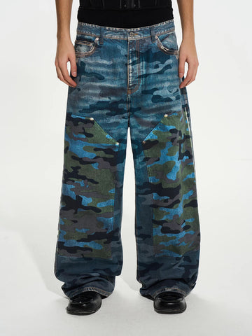 Brick Lane Wide-Leg Camouflage Utility Cargo Pants - Teal Camo