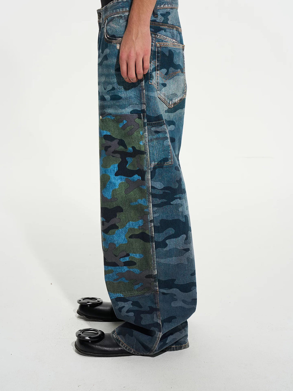 Brick Lane Wide-Leg Camouflage Utility Cargo Pants - Teal Camo