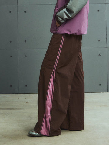 Lace Court Wide-Leg Contrast Color Side Stripe Track Pants - Burgundy