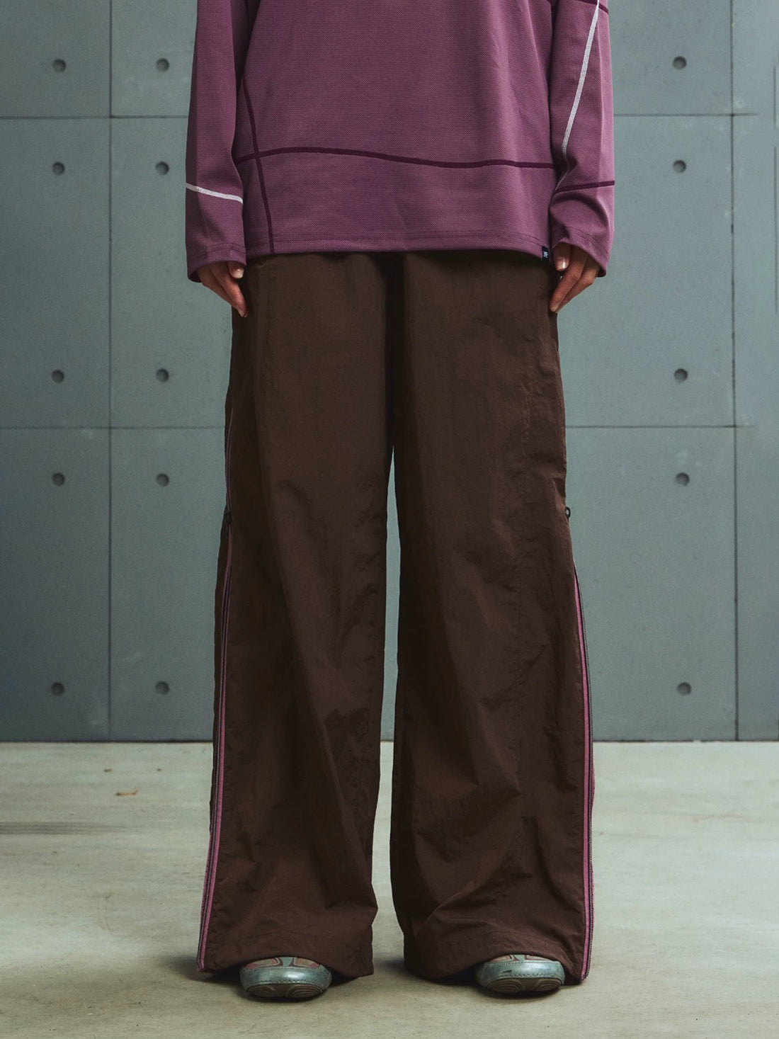 Lace Court Wide-Leg Contrast Color Side Stripe Track Pants - Burgundy