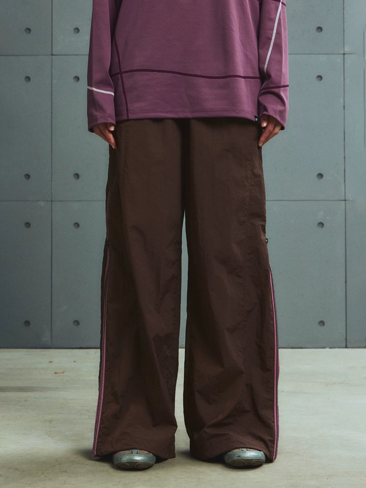 Lace Court Wide-Leg Contrast Color Side Stripe Track Pants - Burgundy
