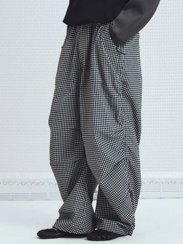 Lace Court Wide-Leg Check Plaid Distressed Pants - Black and White