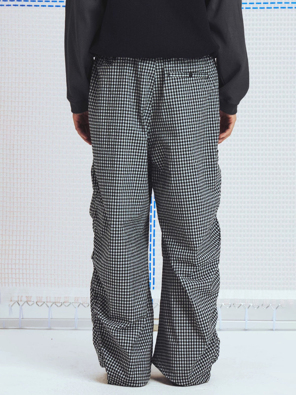 Lace Court Wide-Leg Check Plaid Distressed Pants - Black and White