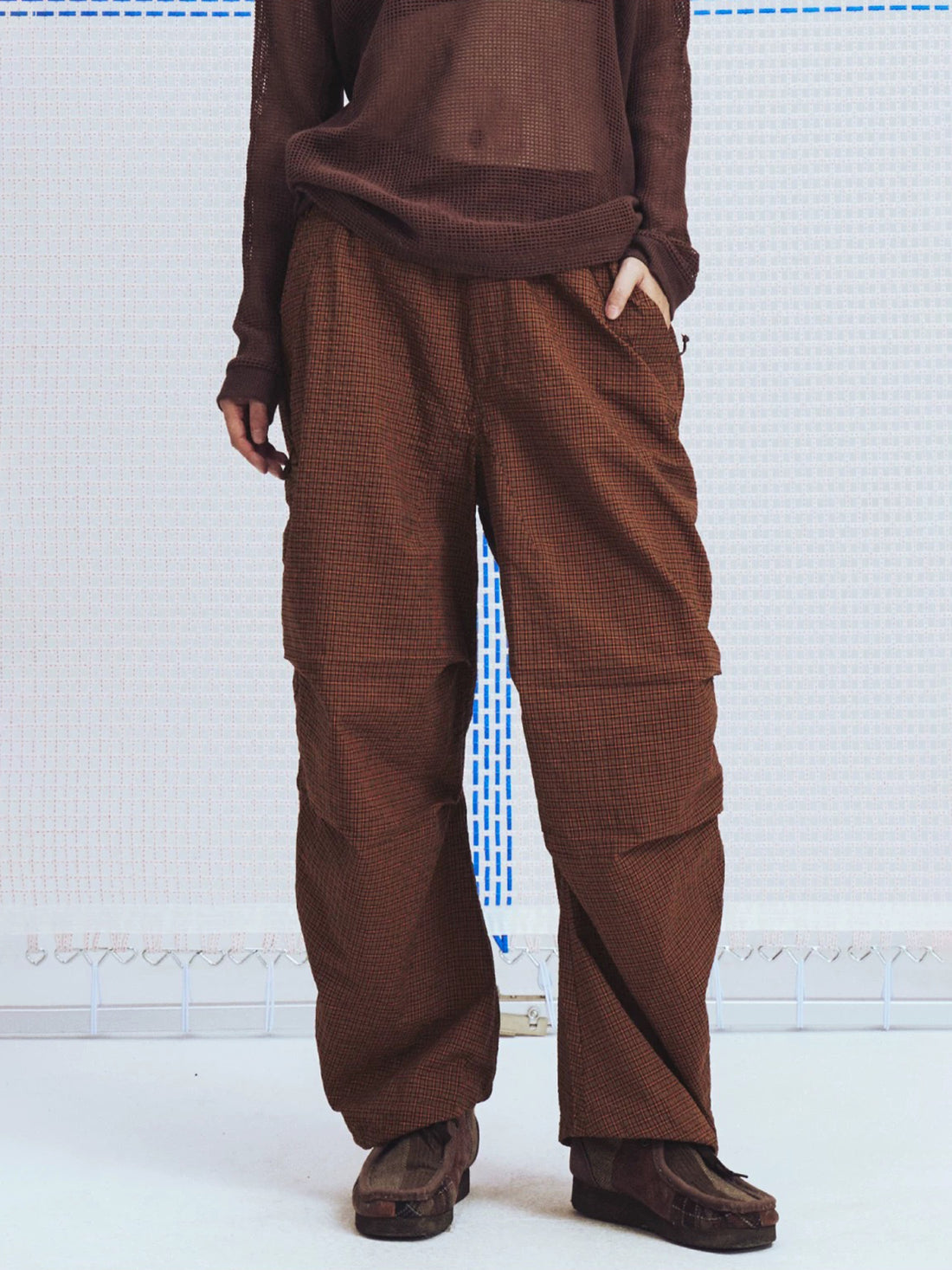Lace Court Wide-Leg Check Plaid Distressed Pants - Brown