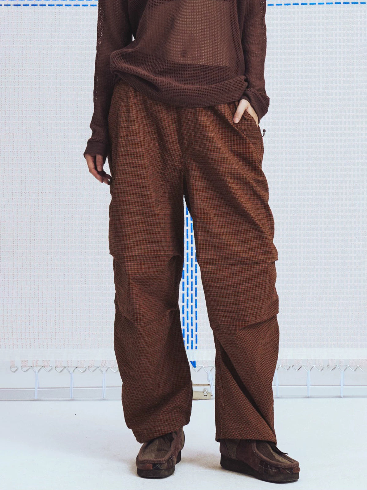 Lace Court Wide-Leg Check Plaid Distressed Pants - Brown