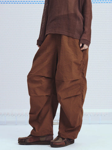 Lace Court Wide-Leg Check Plaid Distressed Pants - Brown
