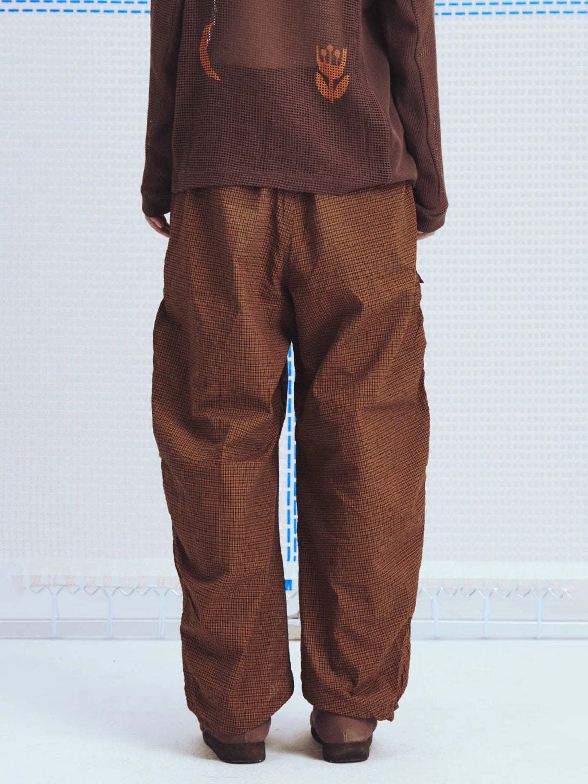 Lace Court Wide-Leg Check Plaid Distressed Pants - Brown
