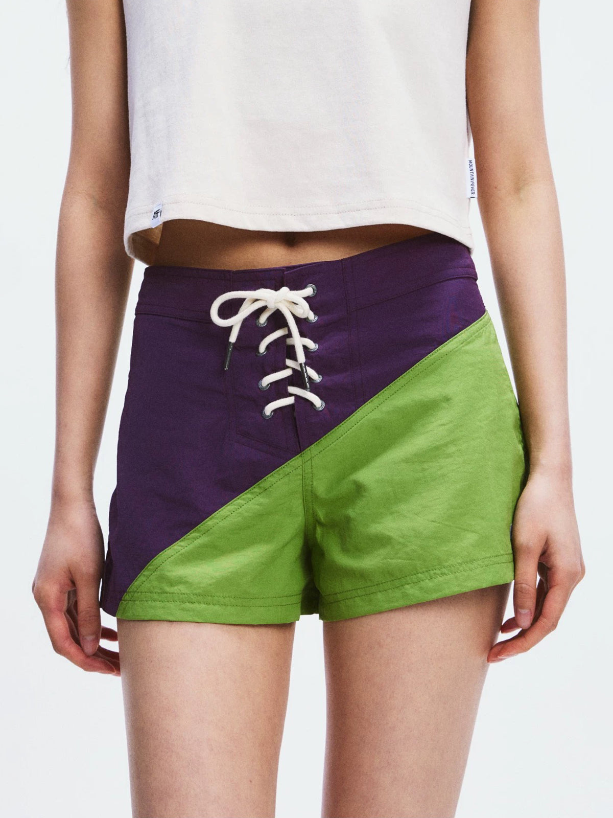 Lace Court Low-Rise Contrast Color Lace-Up Shorts - Purple and Green
