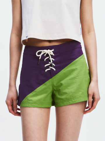 Lace Court Low-Rise Contrast Color Lace-Up Shorts - Purple and Green