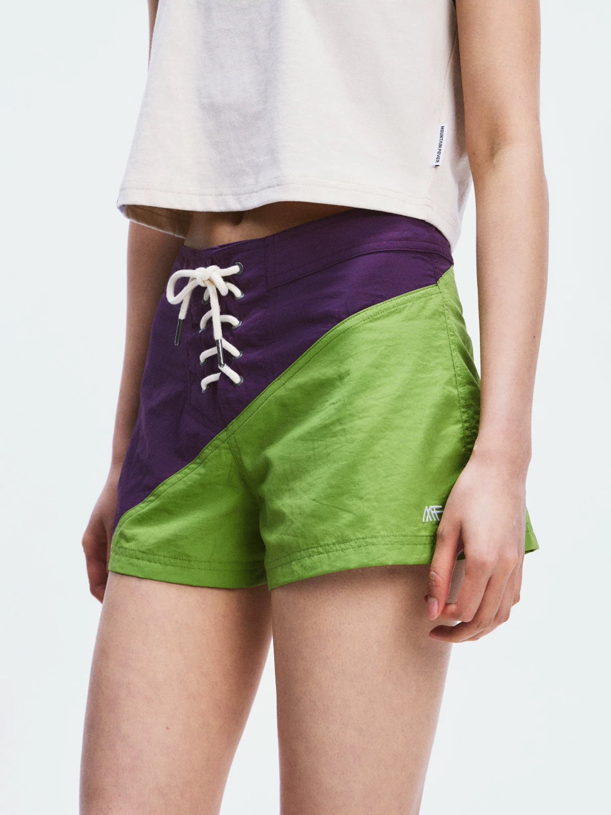 Lace Court Low-Rise Contrast Color Lace-Up Shorts - Purple and Green