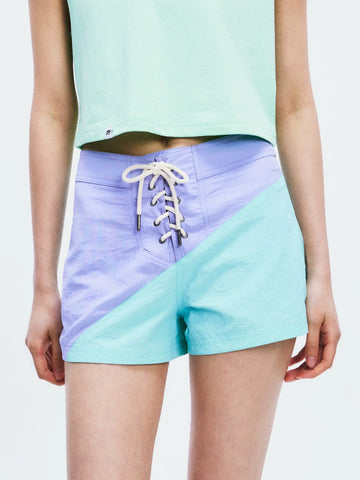 Lace Court Low-Rise Contrast Color Lace-Up Shorts - Pink and Blue