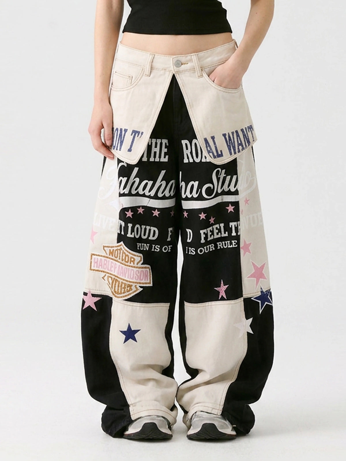 Brick Lane Layered-Look Contrast Star Baggy Cargo Pants - Black and White