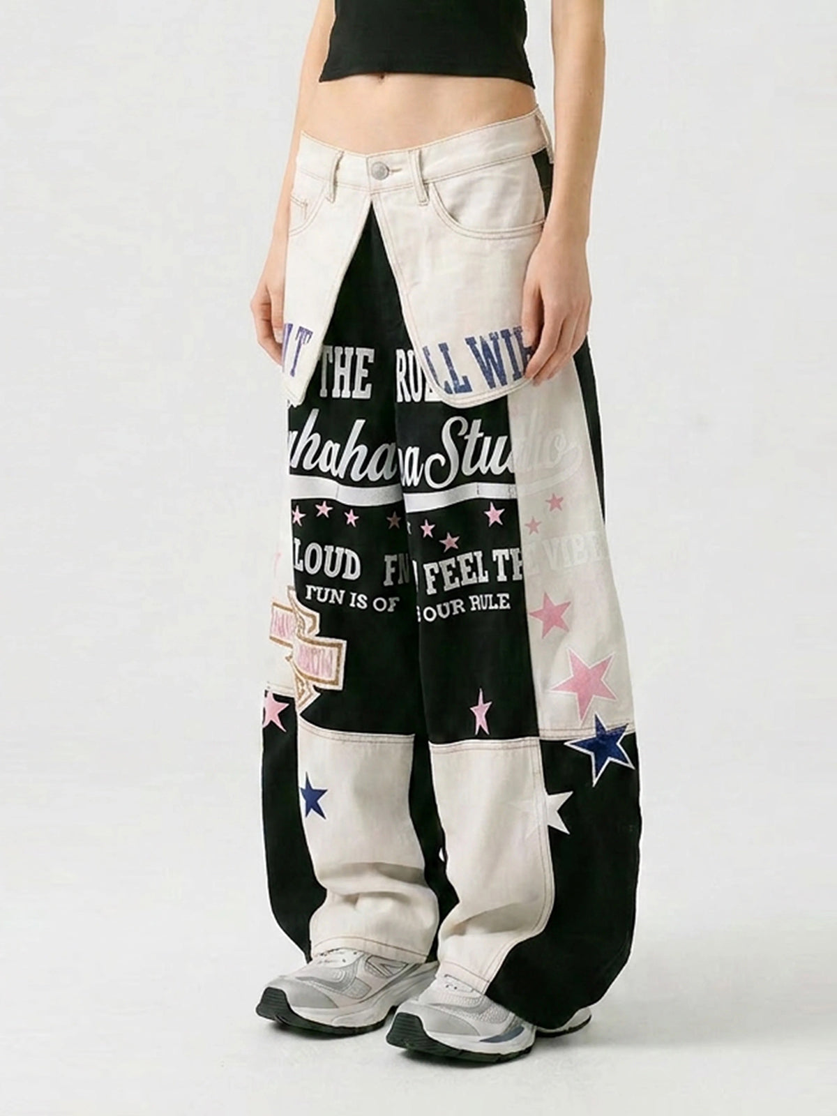 Brick Lane Layered-Look Contrast Star Baggy Cargo Pants - Black and White