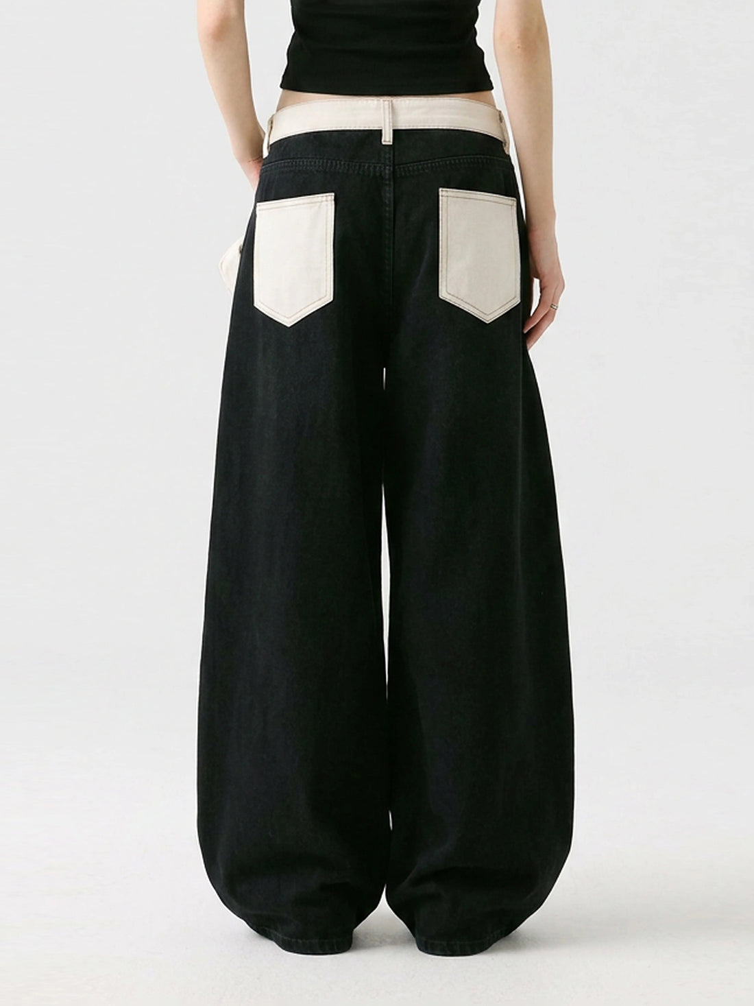 Brick Lane Layered-Look Contrast Star Baggy Cargo Pants - Black and White