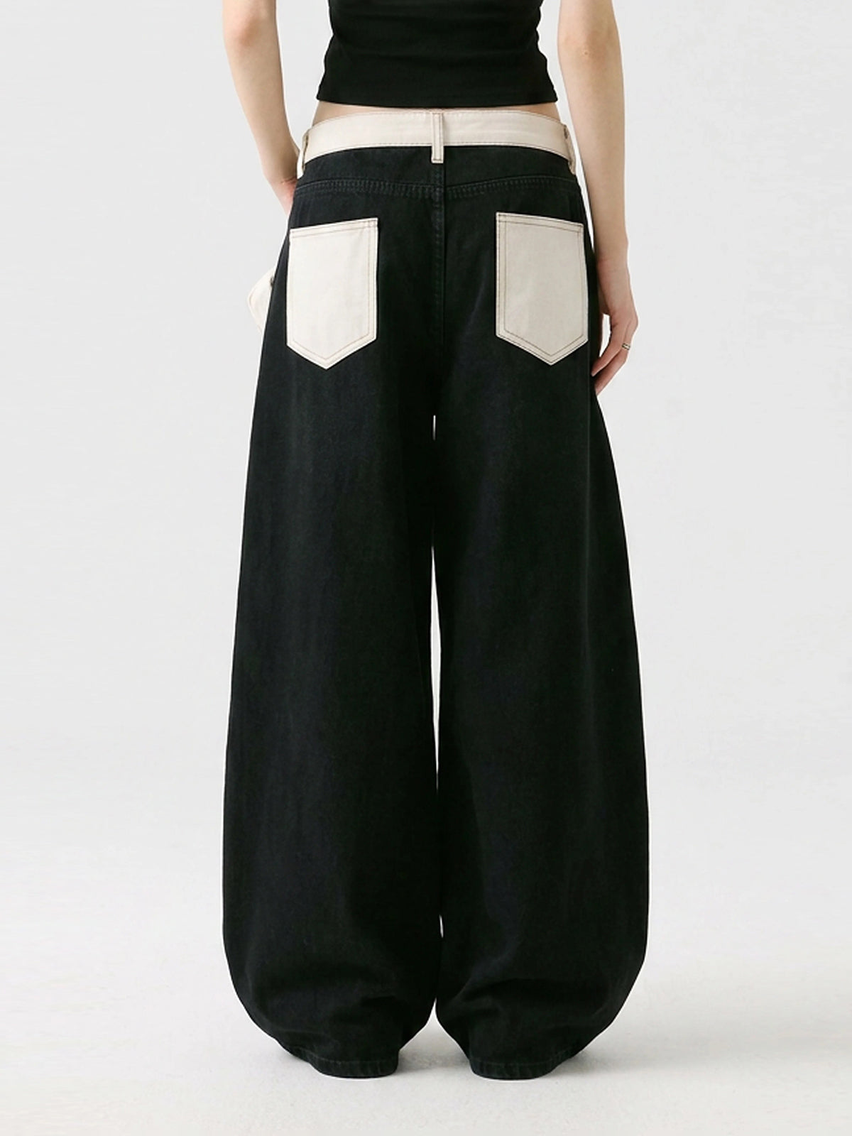 Brick Lane Layered-Look Contrast Star Baggy Cargo Pants - Black and White