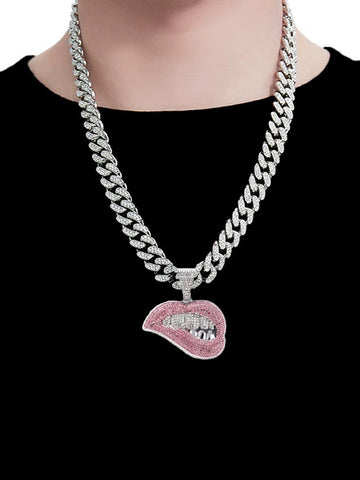 Brick Lane Chunky Cuban Chain Pink Heart Necklace - Silver Pink