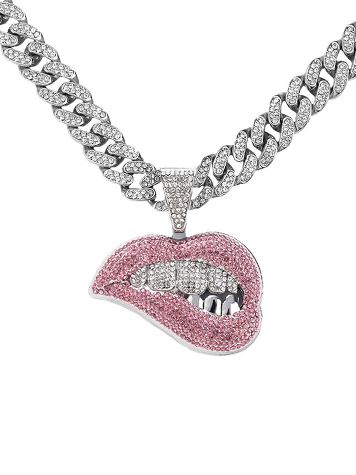 Brick Lane Chunky Cuban Chain Pink Heart Necklace - Silver Pink