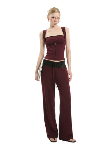 Brick Lane Layered-Look Ribbed Casual Two-Piece Set - Burgundy