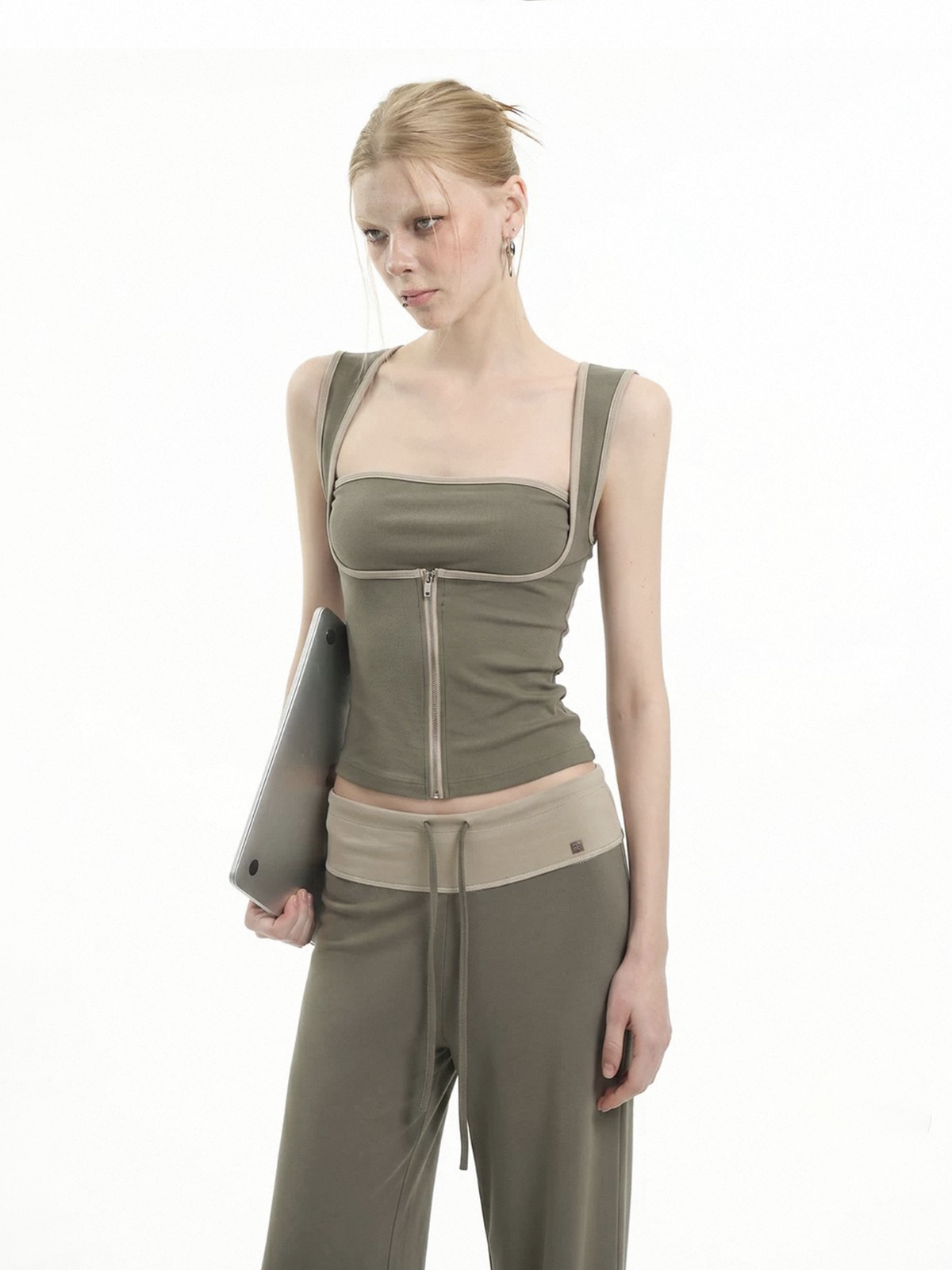 Brick Lane Layered-Look Slim Fit Utility Two-Piece Set - Olive Green